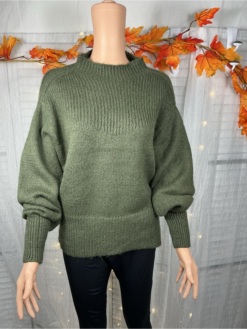 Zenana Balloon Sleeve Mock Neck Sweater - Dark Olive